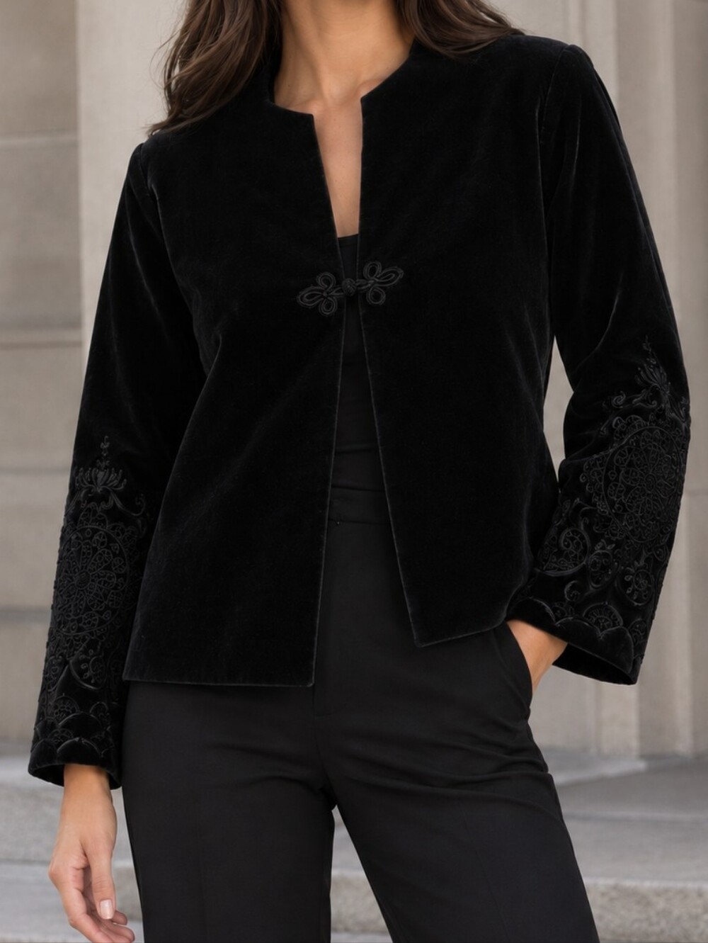 Women's Black Velvet Embroidered Button-Front Jacket